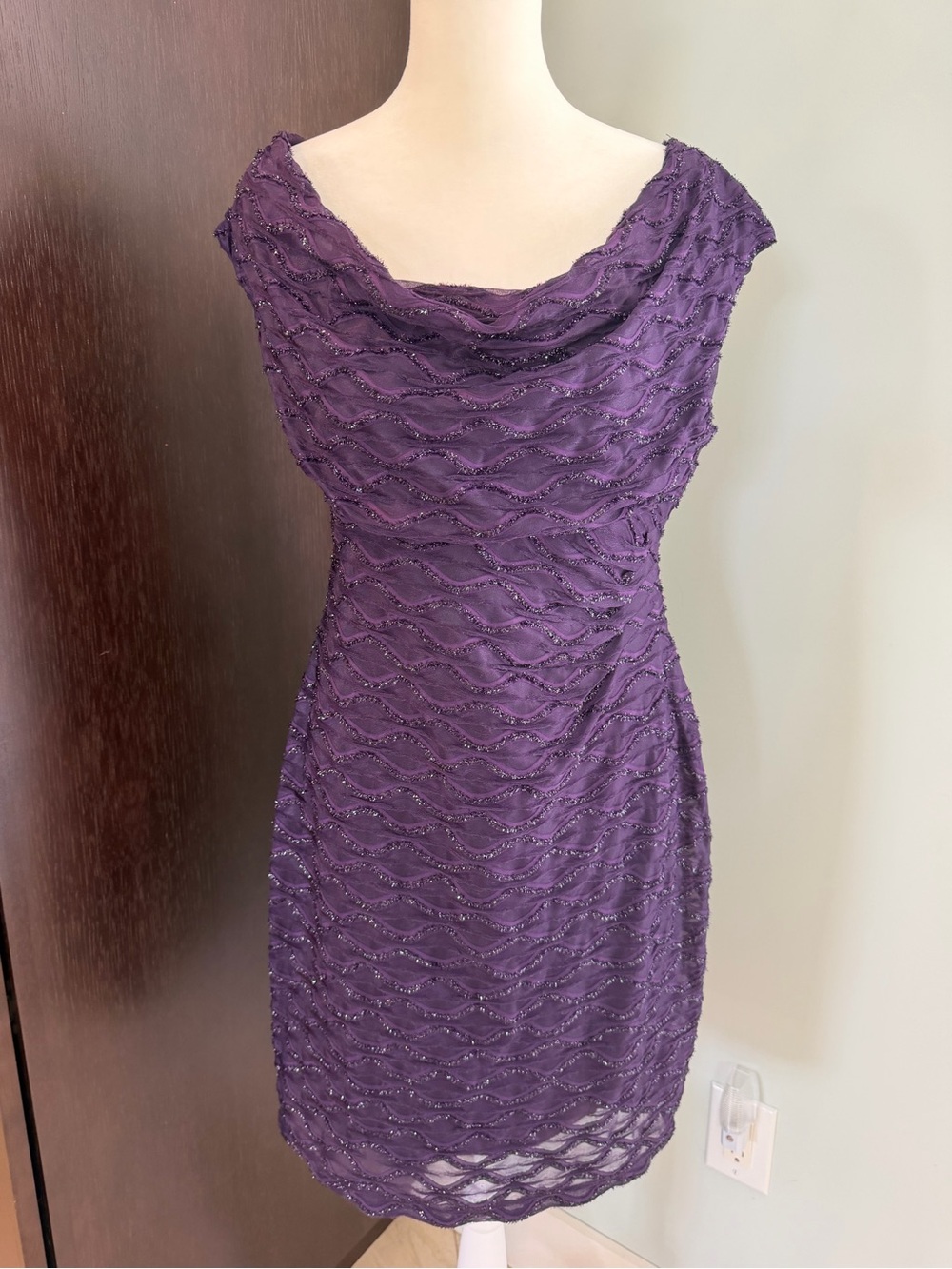 Connected Apparel Metallic Purple Cowl Neck Dress 8P Shimmer Mesh Sheath Petite